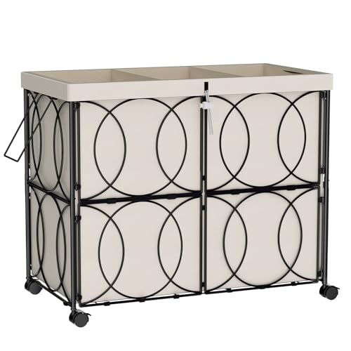 Laundry Hamper with 3 Section, Large 180L Rolling Laundry Basket with Wheels, Metal Heavy Duty Laundry Hamper with Detachable Bags, Dirty Clothes Hamper Organizer for Bedroom, Bathroom(Beige)