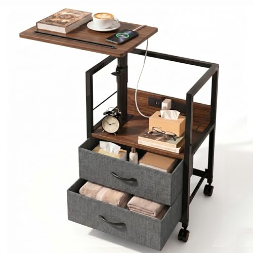 Faesun Swivel Lift Top Nightstand with Charging Station, Rolling Side Table for Recliner, Bedside Table with Wheels & 2 Fabric Drawers, for Small Spaces, for Bedroom, Living Room, Walnut Gray - color: Walnut Gray, size: 2 Drawers