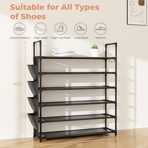 LANTEFUL 6 Tier Shoe Rack, Shoe Organizer Storage for 24-30 Pairs Shoe and Boot, Long Shoe Shelf with Hook and Side Pocket Free Standing Tall Shoe Rack Organizer for Closet, Entryway, Dorm - color: Black