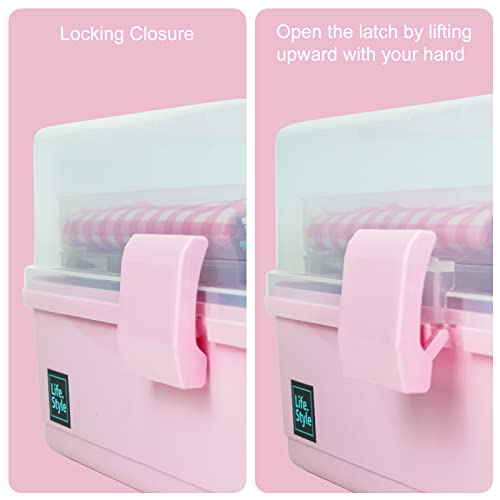 Creahaus 13 inch Art Craft Organizer Storage Box with 3 Layer, Multipurpose Plastic Tool Box with Handle for Sewing, Art Supply, Medicine, Nail, Hair Accessories (Pink) - color: Pink