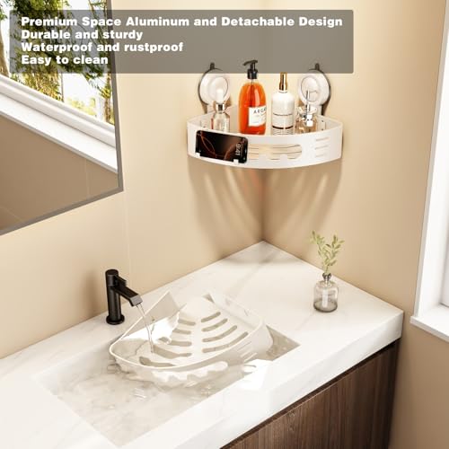 Voldra Corner Shower Caddy Suction Cup, Aluminum Corner Shower Shelves for Wall No Drilling, Large Suction Cup Shower Organizer with Towel Bar & Hooks Removable Bathroom Storage (1 Pack-Cream White) - color: Cream White-Corners, size: 1 Pack