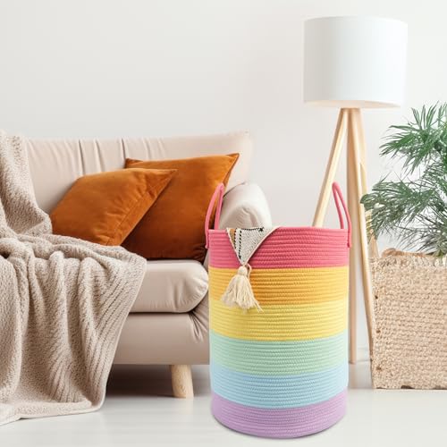 Woven Cotton Rope Laundry basket-15”X20” Laundry Hamper-Rope Storage Basket for Dirty Clothes, Toys and Blankets Perfect for Bathroom, Baby nursery and Living Room Storage (rainbow) - color: rainbow, size: regular