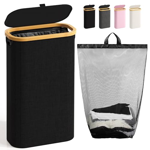 Bathola 75L Slim Laundry Hamper with Lid, Dirty Clothes Hampers for Laundry, Collapsible Laundry Baskets for Small Spaces, Bedroom, Bathroom, Laundry Room, Black - color: Black, size: 75L