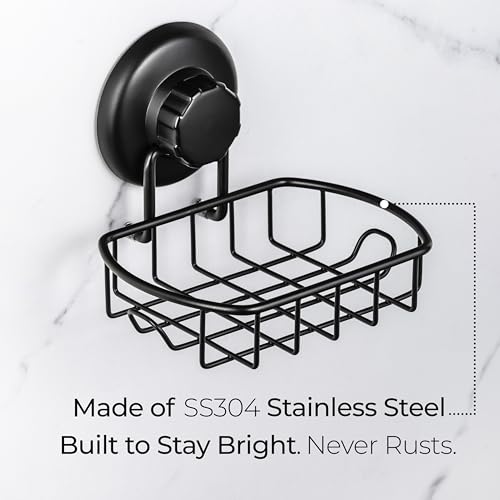 HASKO accessories Suction Soap Dish with Hooks - Super Powerful Vacuum Suction Cup Shower Soap Holder - Rustproof Stainless Steel SS304 Soap Basket - Sponge Holder for Bathroom & Kitchen (Black) - color: Black