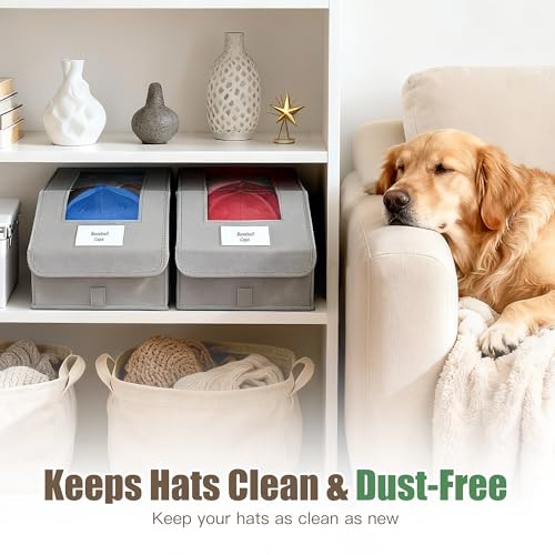 Hat Organizer for Baseball Caps, 2 Pack Stackable Hat Storage Boxes with Clear Window, Holds up to 28 Caps, Foldable Hat Organizer for Closet & Shelf, Grey
