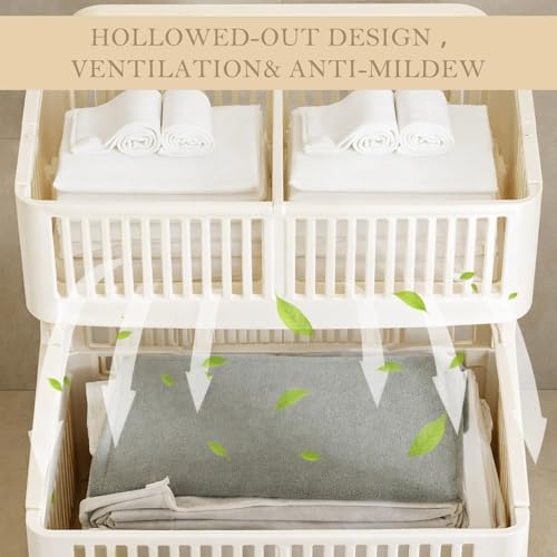 Leinuosen Foldable 2-tier Plastic Laundry Basket with Wheels and Handle 43.8 L Double Collapsible Laundry Hamper Multi-function Portable 2 Section Sorter for Bathroom Dorm Bathroom Storage