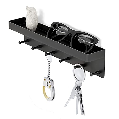 MKO Key Holder Wall Mount, Key Holder Wall Mount Adhesive with Mail Organizer Tray with 6 Key Hooks for Wall, Black - color: Black 1pcs