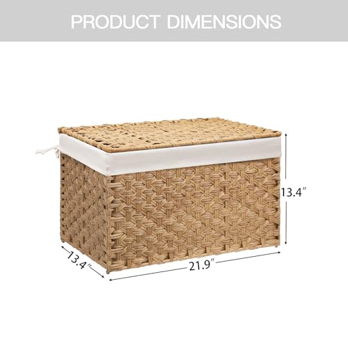 Wicker Storage Basket with Lid, 17.2 Gallon (65L) Small Blanket Basket with Lid, Woven Storage Bin with Handles, Removable Liner, Metal Frame, Foldable, for Bedroom, Laundry Room, Natural - color: Natural, size: 65L:13.4 x 21.9 x 13.4 Inches
