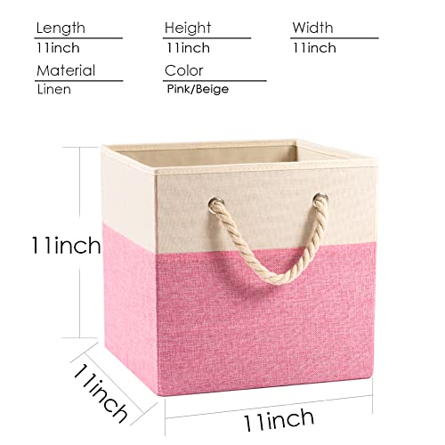 PRANDOM Large Foldable Cube Storage Bins 11x11 inch [4-Pack] Fabric Linen Storage Baskets Cubes Drawer with Cotton Handles Organizer for Shelves Nursery Closet Bedroom Pink - color: Pink, size: 11x11 inch(4-Pack)