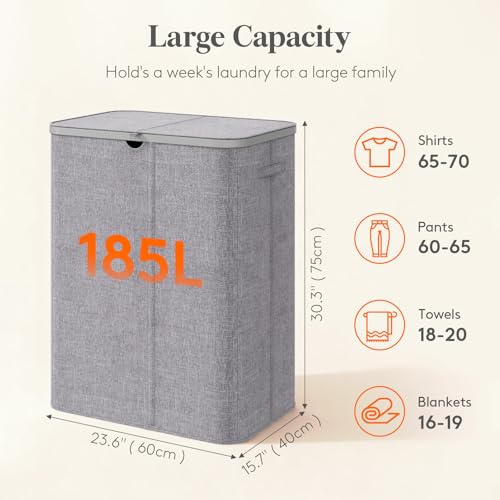 Lifewit 185L Large 3 Section Laundry Hamper with Lid, Plastic Laundry Basket with Bamboo Handles and Removable Bags, Tall Foldable Clothes Hamper for Bathroom Bedroom, Light Gray - color: Light Gray