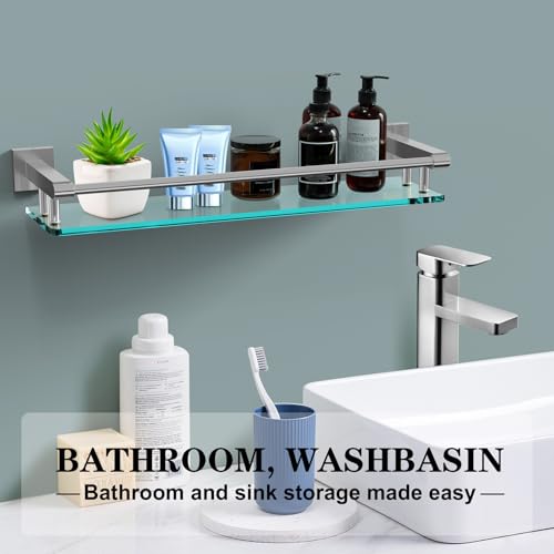 20 Inches Glass Shelf for Bathroom, Brushed Nickel Glass Shelves for Wall with Smooth Stainless Steel Railing, Modern Tempered Glass Organizer Shelf - color: Brushed Nickel, size: 20'' with Railing