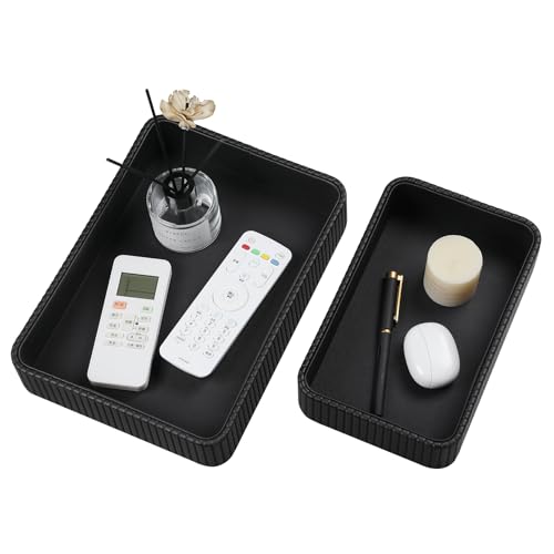 Desk Organizer Tray, PU Leather Nightstand Organizer Perfume Valet Tray for Men Women, Decorative Vanity Trays Trinket Dish Key Bowl for Entryway Table (2pcs, Black, Large+Small) - color: Black, size: 11.5" x 8.3" x 2.2"& 9.5" x 6" x 2.2"