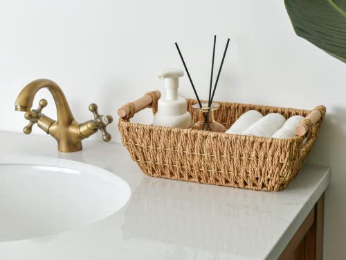 StorageWorks Hand-Woven Small Wicker Baskets, Round Paper Rope Storage Baskets with Wooden Handles, Light Brown, 2-Pack - color: Light Brown, size: Small
