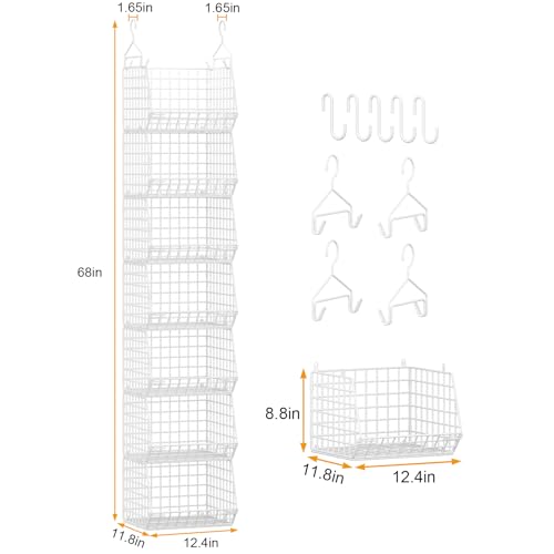 7 Tier Hanging Closet Organizer and Storage, Foldable Wire Closet Shelving with 4 Large Hooks+5 S Hooks,Hanging Basket for Clothes Sweaters Shoes Handbags,Wardrobe Kitchen Laundry Room-White - color: White, size: 7-Tier