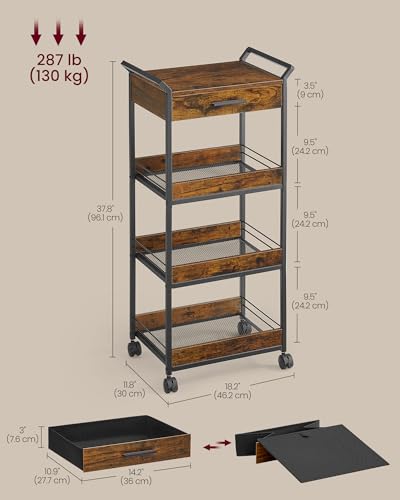 VASAGLE Storage Cart, 4-Tier Rolling Utility Cart with Table Top, Handles, 4 Lockable Casters, Top Drawer, Mesh Shelves, for Kitchen, Bathroom, Bedroom, Rustic Brown and Ink Black ULRC049K01 - color: Rustic Brown + Ink Black, size: 4 Tiers (37.8"H )