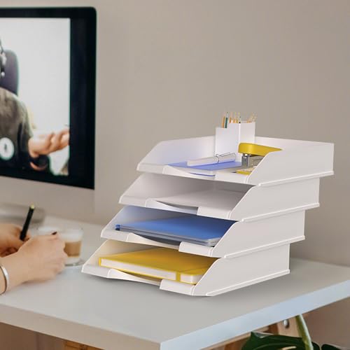 4 Pack Stackable Paper Trays for Letter Documents, Desktop File Organizers for Office Supplies, Stackable Desk Tray Holder for Paper Storage, White - color: White