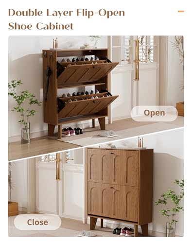 31.5" Shoe Storage Cabinet with 2 Flip Drawers, Narrow Shoe Cabinet for Entryway, Wood Shoe Rack Cabinet for Hallway, Walnut - color: Arched