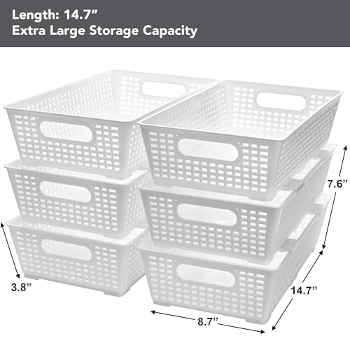 Tiawudi Stackable Woven Plastic Basket, Storage Bins for Cabinet, Closet, Shelf, Under Sink and Countertop, Pantry Organizer Bins, 6 Pack - color: White