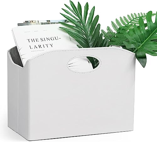 EZDeco Magazine Holder Foldable Magazine Rack Floor PU Leather File Holder Newspaper Book Storage Magazine Basket Document File Folder Organizer for Office Home (White-2) - color: White-2