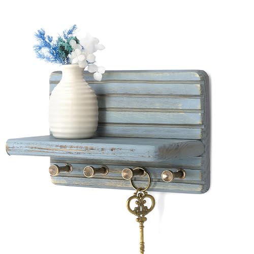 Rebee Vision Pine Wood Key Holder Wall Mount – Decorative 7-inch Key Holder for Wall with Wooden Shelf & Sturdy Hooks – Home Accessories for Mail Organizer (Blue) - color: Blue, size: Small-7inch