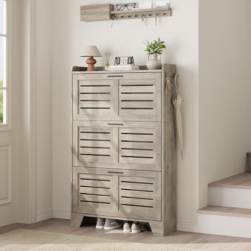 Garvee Shoe Storage Cabinet with 3 Flip Drawers, Freestanding Shoe Organizer Storage for Entryway with 2 Side Hooks, Farmhouse Hidden Slim Narrow Shoe Rack Cabinet, Gray - color: Grey, size: 3-Drawers