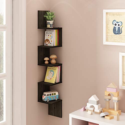 Furinno Rossi Wall Mount Floating Corner Shelf, 5-Tier Square , Espresso - color: Espresso, size: 5-Tier Corner Shelf - 7.8" x 7.8" x 48.8" - Single