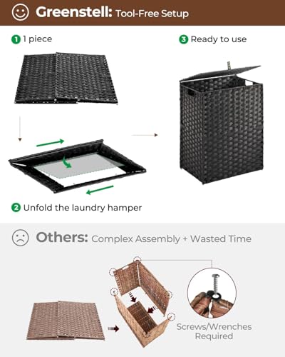 Greenstell Laundry Hamper with 2 Removable Liner Bags, Foldable Divided Clothes Hamper, 90L Handwoven Synthetic Rattan Laundry Basket with Lid and Handles, Easy to Install Black 18.3x13.3x24 Inches - color: Black, size: 90L (18.3x13.3x24.0 Inches)