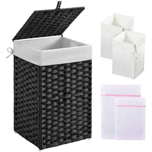 Greenstell Laundry Hamper with Lid, 60L Clothes Hamper with 2 Removable Liner Bags & 2 Mesh Bags, Handwoven Synthetic Rattan Basket, Toys in Bathroom, Bedroom Black - color: Black, size: 60L (13.4 x 13.4 x 21.7 inches)