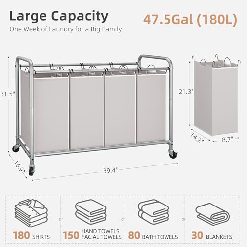 STORAGE MANIAC Laundry Sorter 4 Section, 47.5 Gal (180 L) Laundry Hamper with Wheels, Clothes Divider Basket Sorter, Clothes Separator Hamper Cart with Wheels and Removable Bags, Gray - color: Gray, size: 4 Section