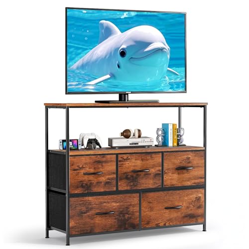 TV Stand, 5 Fabric Drawers Dresser Entertainment Center for TV up to 45 inch Wooden Media Console Table Storage Organizer with Open Shelf, for Living Room, Bedroom, or Small Space, Brown - color: Brown, size: 5 Drawers