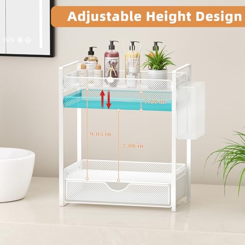 VITVITI 2 Tier Bathroom Organizer Countertop with Drawer, Metal Mesh Bathroom Counter Vanity Organizer Storage, Bath Room Shelf Sink Kitchen Spice Rack with Basket Hooks, White - color: White