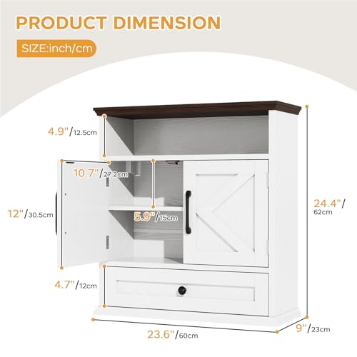 Bathroom Wall Cabinet, Wall Mounted Medicine Cabinet with Drawer, Barn Doors & Adjustable Shelf, 24.4"H x 23.6"W x 9"D White Over Toilet Farmhouse Storage Cabinet for Kitchen, Laundry Room, Entryway - color: White, size: 24.4"H x 23.6"W x 9"D