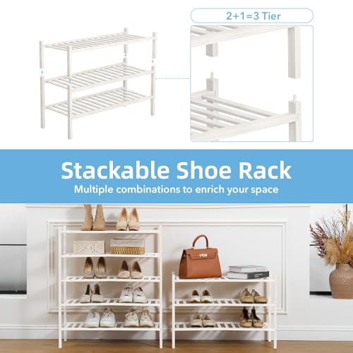 3 Tier Bamboo Shoe Rack Storage Organizer for Closet, Multifunctional Stackable Free Standing Shoe Shelf Organizer for Small Space,Entryway, Hallway, Bathroom27 x11 x20 (White, 3 Tier) - color: White, size: 3 Tier