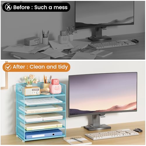 Subekyu 6-Tier Desk Paper Organizer, Desktop File Letter Tray with Handle, Document Sorter and Accessories Holder for Office, Home and School Workspace Organizers, Blue-2 Pack - color: 2 Pack 6-tier - Blue