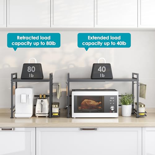 DOLALIKE Microwave Oven Rack, Expandable Microwave Stand Countertop Kitchen Utensils Tableware Storage, Carbon Steel Over Microwave Shelf Countertop with 6 Hooks - color: Black, size: 3 Tier (With Spice Rack)