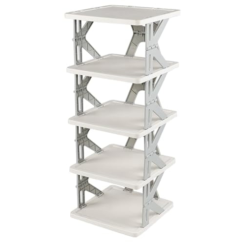 5 Tier Vertical Narrow Shoe Storage Organizer for Saving Space, Gray Plastic Small Collapsible Shoe Rack for Entryway, Closet, Bedroom