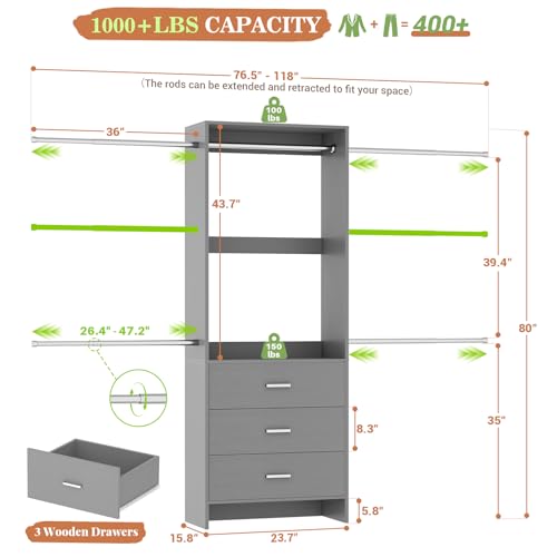 Aheaplus Closet System, Closet Organizer with 3 Wooden Drawers, Closet Organizer System, Walk-in Closet Wardrobe Clothes Rack with 4 Hanging Rods, Garment Rack, -4R, Grey - color: Grey, size: Without Light