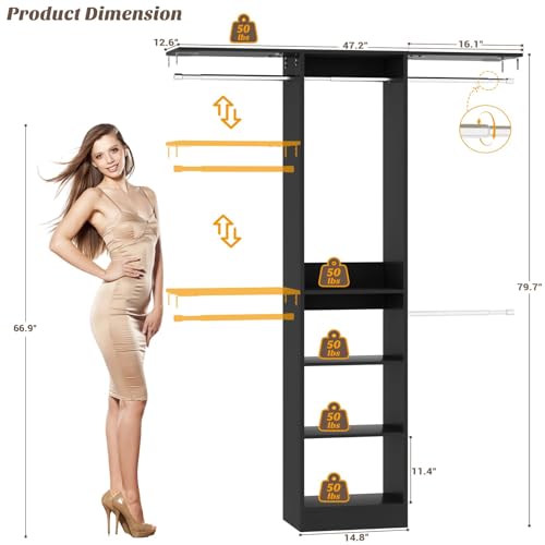 Cyclysio 4FT Small Closet System, 80"H Closet Organizer System with 4 Closets Rods & 3 Shelves, 48" Closets Organizers and Storage for Small Bedrooms, Laundry Rooms, Cloakrooms, Black - color: Black