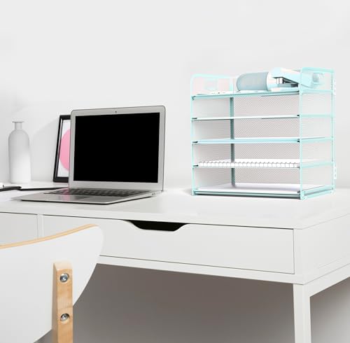 Letter Tray Paper Organizer 5-Tier Desk Organizer File Organizer Paper Holder with Handle, Metal Desktop Document Shelf Tray Office Classroom Organization - Blue - color: Blue