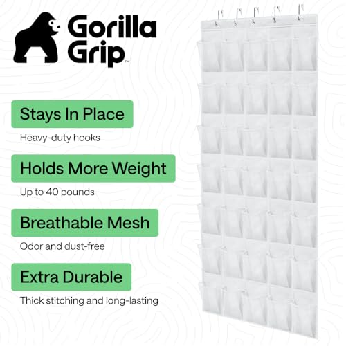 GORILLA GRIP Over the Door Shoe Organizer, 35 Large Breathable Mesh Pockets, Space Saving Hanging Storage Holder, 5 Hook Closet Rack Hanger, Hangs on Closets for Shoes, Accessories 68.5H x 24.5W White - color: White, size: 35 Pockets/5 Hooks