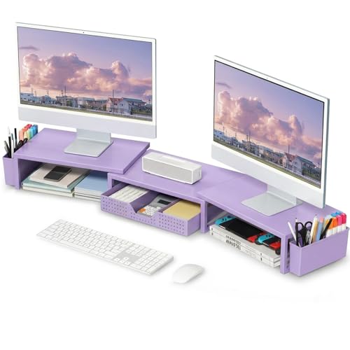 OPNICE Desk Organizers and Accessories, Dual Computer Monitor Stand Riser with Drawer and 2 Pen Holders, Office Desk Accessories, Workspace Desktop Organization for Office Supplies (Purple Metal ) - color: Purple Metal, size: With drawer and pen holder