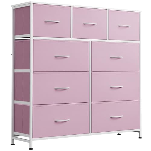 WLIVE 9 Drawer Dresser, Fabric Storage Tower for Bedroom, Hallway, Closet, Tall Chest Organizer Unit for Bedroom with Fabric Bins, Steel Frame, Wood Top, Easy Pull Handle, A-Pink - color: A-pink