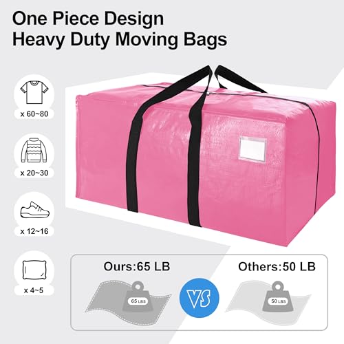VELVETSURE 6 Pack Heavy Duty Large Moving Bags W/Backpack Straps - Strong Handles & Zippers, Storage Totes For Space Saving, Fold Flat, Alternative to Moving Box and Storage Bin, Pink - color: Pink, size: 24 Gal - 6 Pack