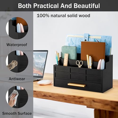 dreampossible Black Wood Desk Organizer and Accessories with Drawer, Bill Mail Organizer and File Mail Holder for Office Supplies, Rustic Desk Accessories & Workspace Organizers for Desk Organization - color: Black B