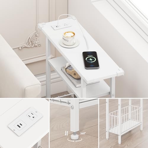 Vagusicc Narrow Side Table with Charging Station, Skinny Side End Table for Couch, 3-Tier Small End Tables for Small Spaces, 25.2" Tall Slim Nightstand Bedside Table for Living Room, Bedroom, White - color: White, style: With Plug