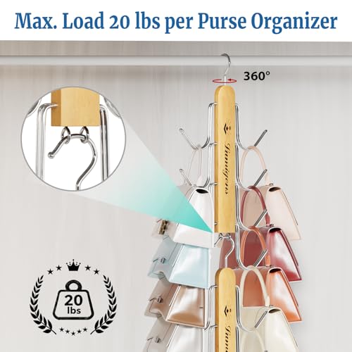Purse Hanger, 2 Pack Purse Organizer for Closet with 16 Hooks for Heavy Bags, Sturdy Bag Storage, Rotatable Handbag Holder, Purse Rack Space Saving Backpack Hanging Closet Organizer Hangers - color: Natural, size: 2pack