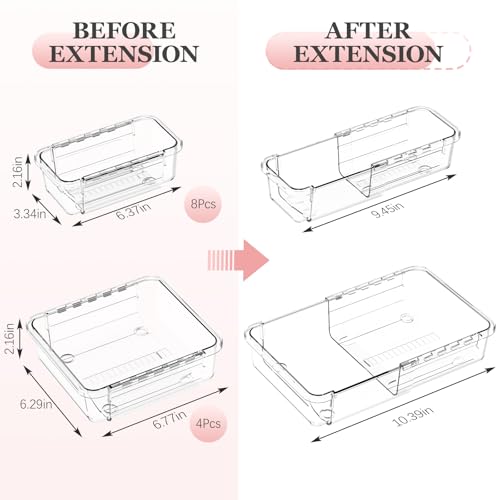 DILIBRA 12 Pcs Clear Extendable Drawer Organizer, Adjustable Drawer Storage 2-Size Desk Drawer Organizer, Plastic Non-Slip Storage Bins for Makeup Cosmetic Jewelries Utensils Stationery Dressers - size: 4Pcs Large + 8Pcs Medium
