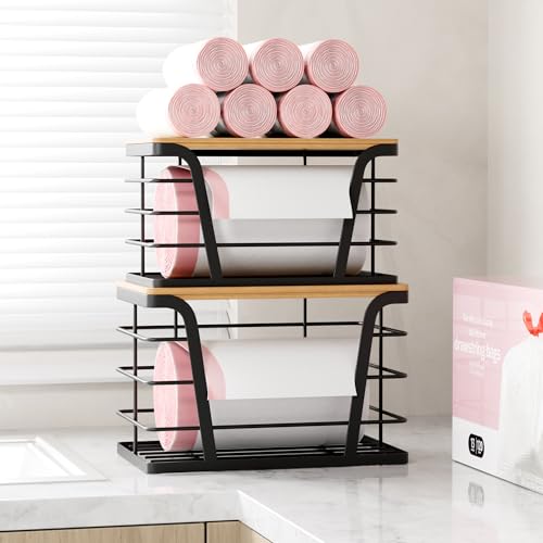 TIDIIABODE 2 Pack Stackable Storage Laundry Kitchen Organizers, Wall Mount Trash Bag Holder with Bamboo Top and Garbage Bag Dispenser No Drill - color: 2-Pack-L&S-Black