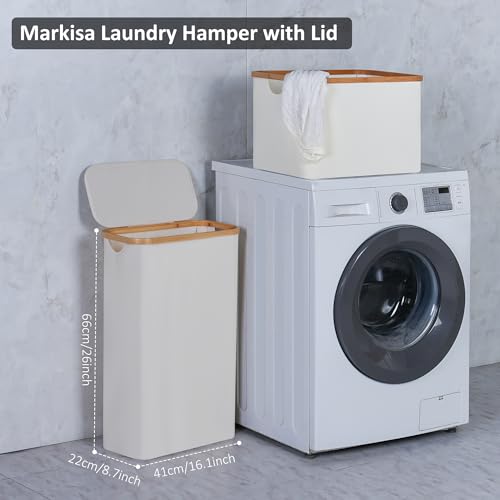 Slim Laundry Hamper,Narrow laundry Hamper with Lid,60L Hamper for Laundry,Dirty Cloth Hamper with Bamboo Handle for Towels, Clothes Organizing,Beige - color: Beige, size: 60L Slim