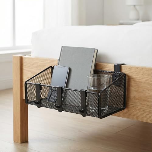JDYOOMI Bedside Caddy Shelf Hanging Storage Basket for Bunk Bed, Office Cubical Walls, Baby Rails, College Dorm Organizer - 5 Pairs Sized Hooks for Phone, Glass, Magazine, Decor (Black) - color: Black